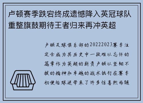 卢顿赛季跌宕终成遗憾降入英冠球队重整旗鼓期待王者归来再冲英超